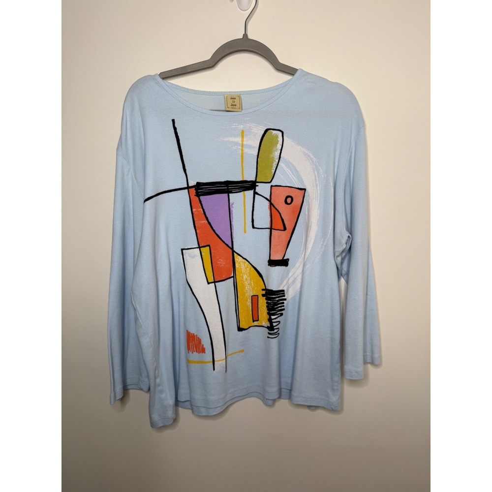 Jess & Jane‎ Women's 2x Light Blue Art to Wear Long Sleeve T-shirt Modern Art